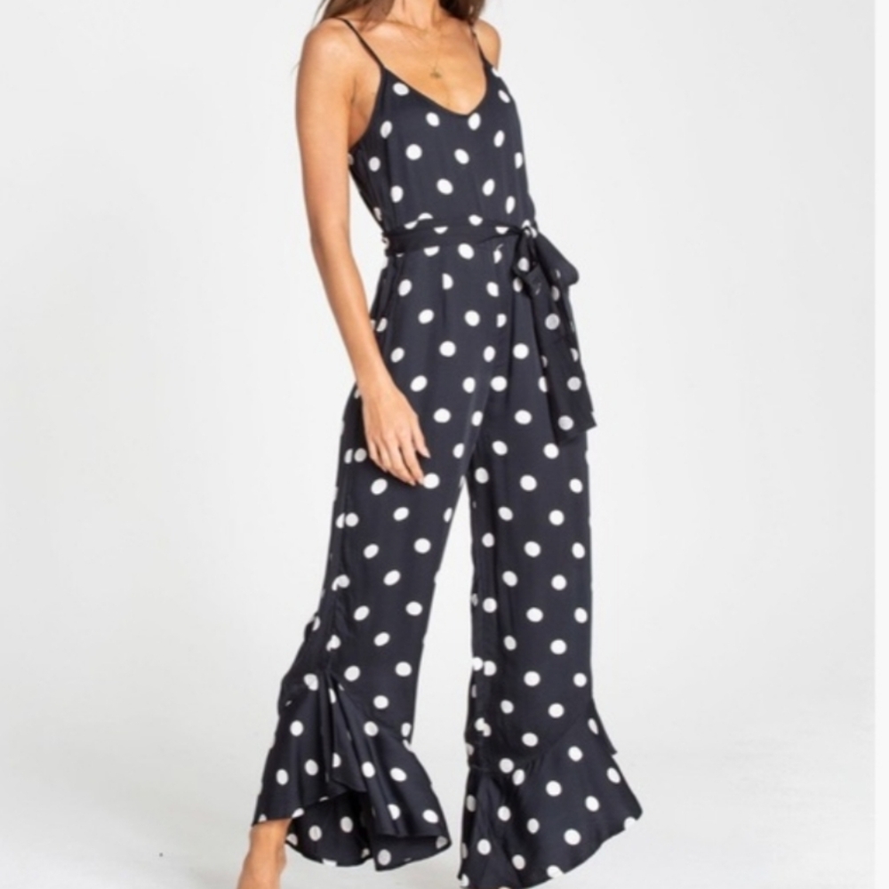 Black & White Polka Dot Ruffle Hem Jumpsuit – Size Small